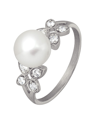 Кольцо из серебра с жемчугом и фианитами со скидкой Кольцо из серебра с жемчугом и фианитами со скидкой