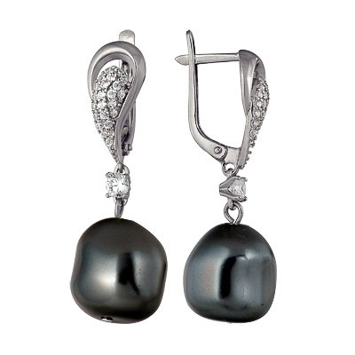 Серьги из серебра с жемчугами и фианитами 3987013600Л-2 от KRASNOE, металл Серебро, вставка Жемчуг