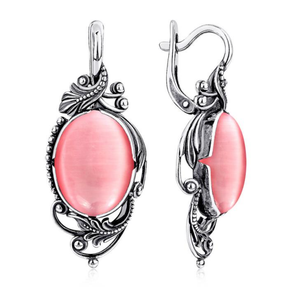 Серьги из серебра с кошачьим глазом из коллекции Уральские самоцветы