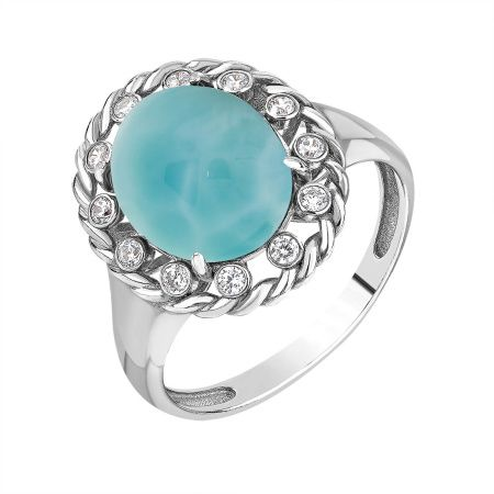 Кольцо из серебра с ларимаром и фианитами из коллекции Уральские самоцветы