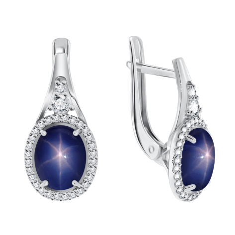 Серьги из серебра с звездчатыми сапфирами и фианитами из коллекции Ирида