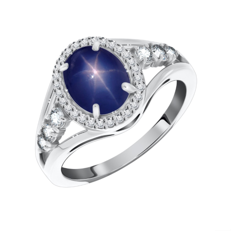 Кольцо из серебра с звездчатым сапфиром и фианитами из коллекции Ирида