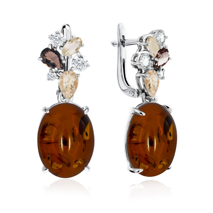 Серьги из серебра с янтарем и фианитами из коллекции Уральские самоцветы