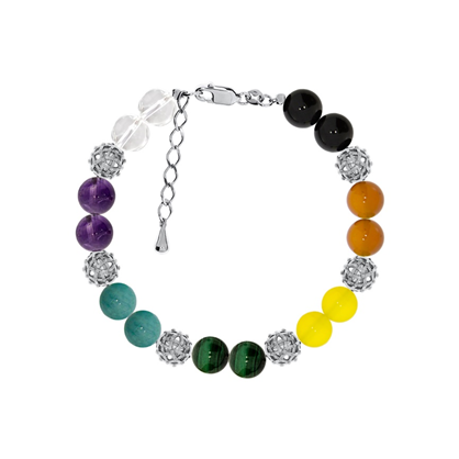 Браслет из серебра с аметистами, малахитами, горным хрусталем, амазонитами и агатами