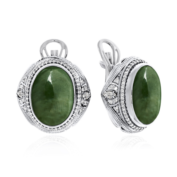Серьги из серебра с нефритами и фианитами