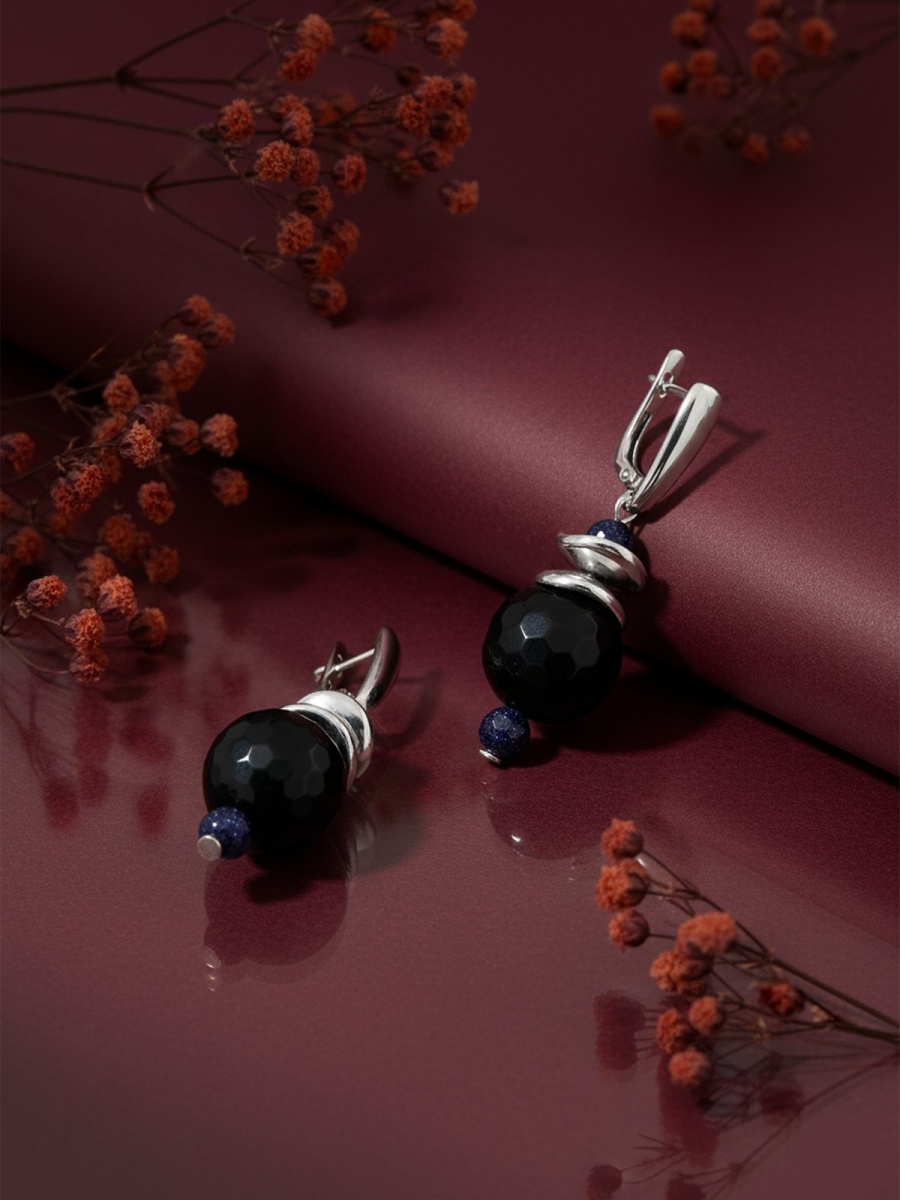 Серьги из серебра с ониксами и синтетическими авантюринами (Арт. 2340431231-1)-1.jpg