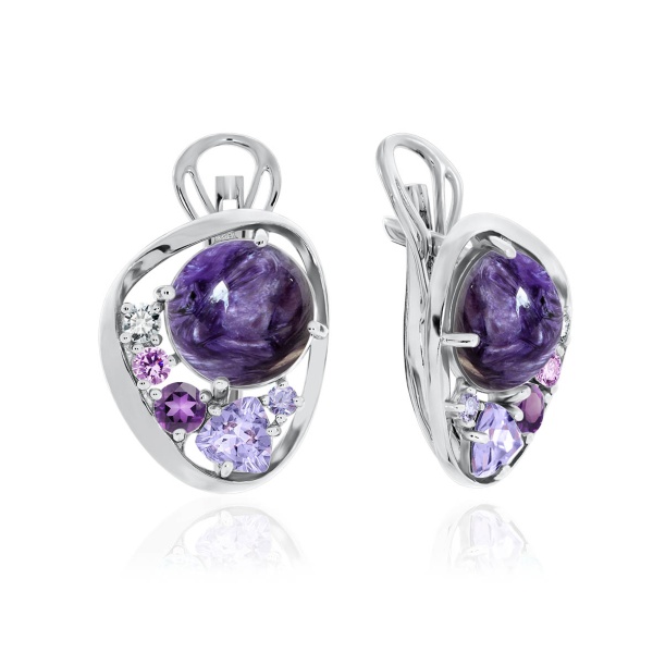 Серьги из серебра с чароитами и фианитами 2340461170 от KRASNOE, металл Серебро, вставка Чароит