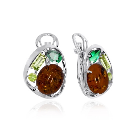 Серьги из серебра с ситаллами, янтарём и фианитами