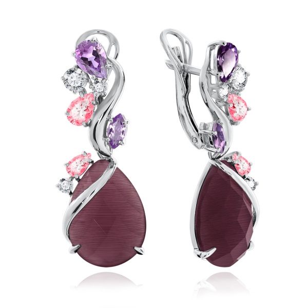 Серьги из серебра с кошачий глазами и фианитами