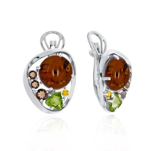 Серьги из серебра с ситаллами, янтарём и фианитами