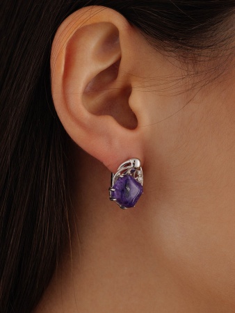 Серьги из серебра с чароитами и фианитами