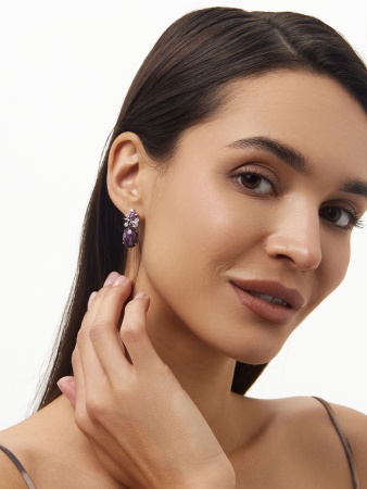 Серьги из серебра с чароитами и фианитами