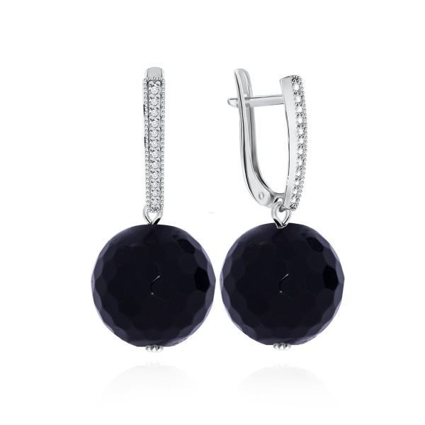 Серьги из серебра с ониксами и фианитами