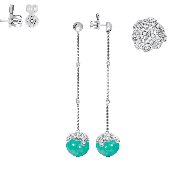 Пусеты из серебра с амазонитами и фианитами