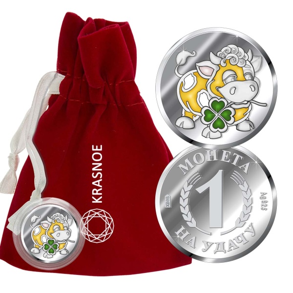 Серебряная монета с эмалью с изображением Быка. Символ года.