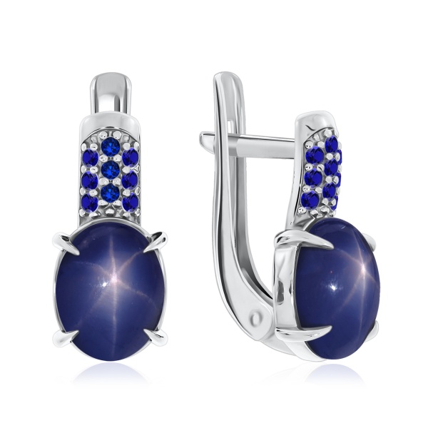 Серьги из серебра с сапфир звездчатыйами и ситаллами со скидкой