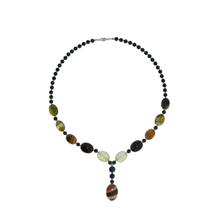 Колье из серебра с агатами и малахитами