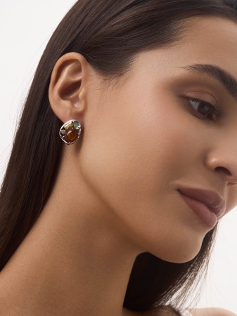 Серьги из серебра с ситаллами, янтарём и фианитами