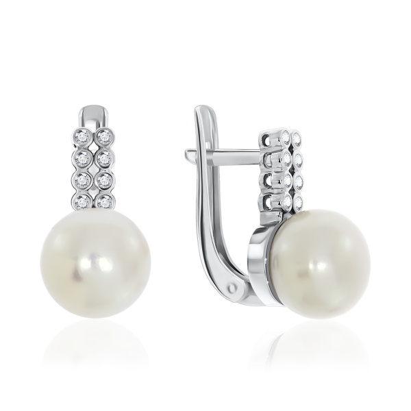 Серьги из серебра с жемчугами и фианитами 2340050805л от KRASNOE, металл Серебро, вставка Жемчуг