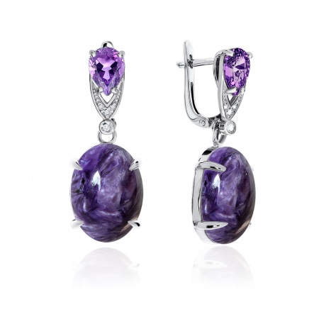Серьги из серебра с чароитами и фианитами