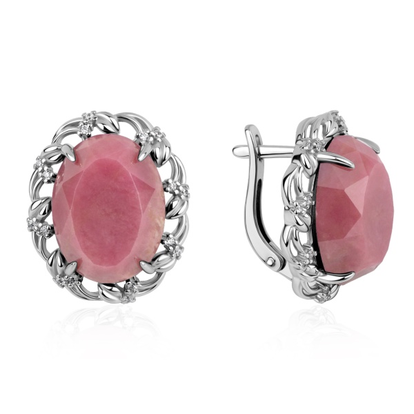 Серьги из серебра с родонитами и фианитами в ювелирном интернет-магазине