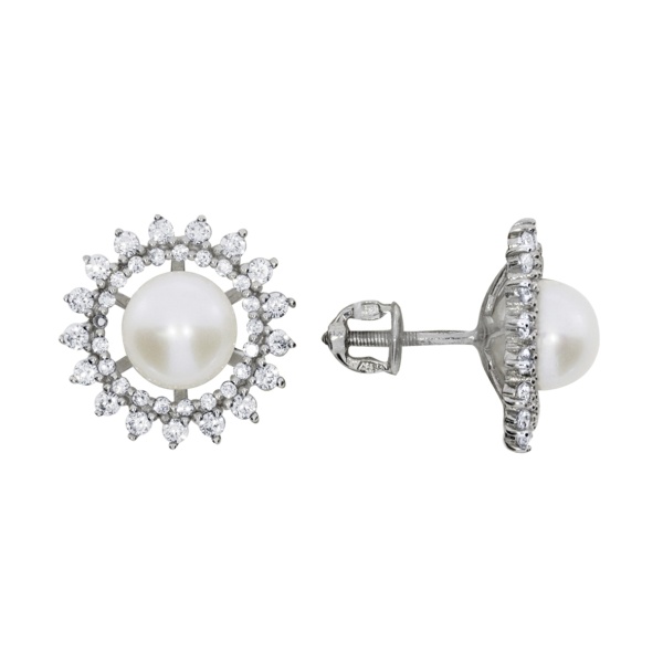 Пусеты из серебра с жемчугами и фианитами 2340053517 от KRASNOE, металл Серебро, вставка Жемчуг