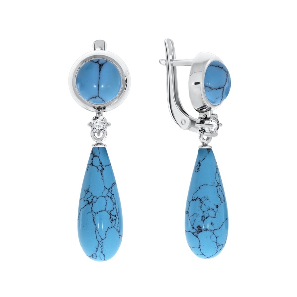 Серьги из серебра с фианитами и бирюзой 2340270340-1 от KRASNOE, металл Серебро, вставка Бирюза синт.