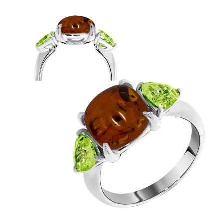 Купить кольцо из серебра с янтарём и нанохризолитами в интернет-магазине KRASNOE