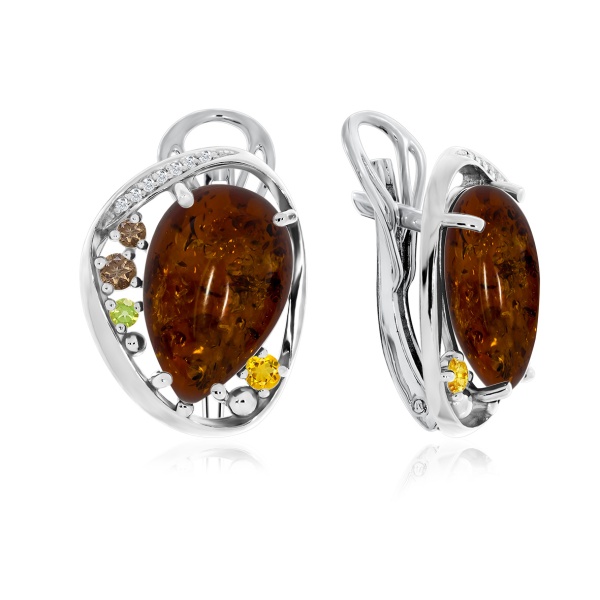 Серьги из серебра с ситаллами, янтарём и фианитами