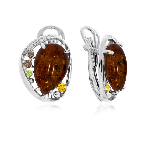 Серьги из серебра с ситаллами, янтарём и фианитами