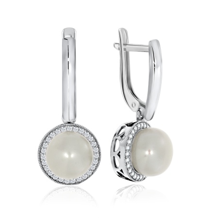 Серьги из серебра с жемчугами и фианитами 2340050806л от KRASNOE, металл Серебро, вставка Жемчуг