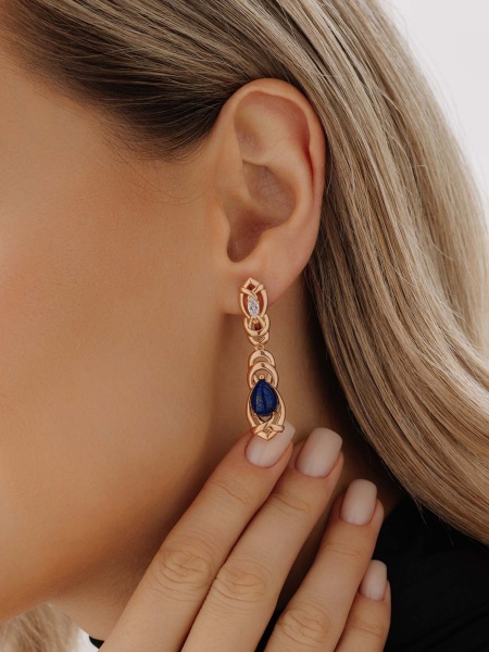 Серьги из серебра с фианитами и лазуритами 2320470944 от KRASNOE, металл Серебро, вставка Лазурит