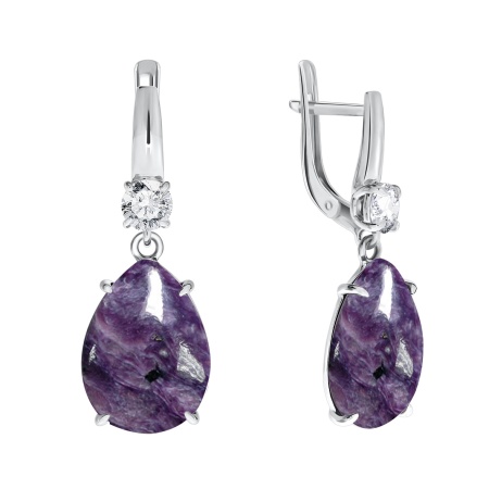 Серьги из серебра с фианитами и чароитами
