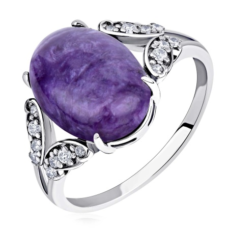 Кольцо из серебра с чароитом и фианитами со скидкой