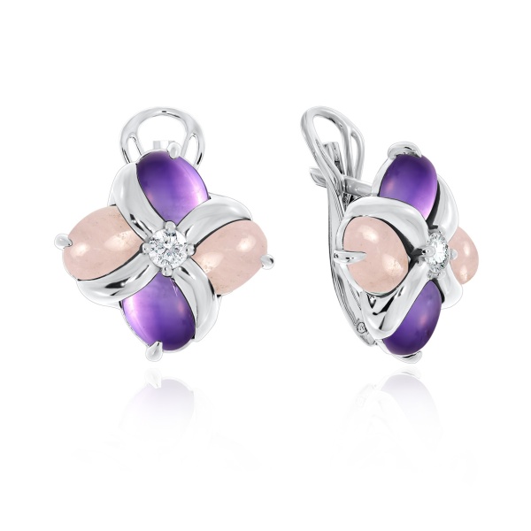 Серьги из серебра с фианитами, ситаллами и наноаметистами 2340882908-2 от KRASNOE, металл Серебро, вставка Ситалл