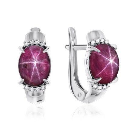 Серьги из серебра с рубинами звездчатыми и фианитами