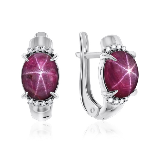 Серьги из серебра с рубинами звездчатыми и фианитами