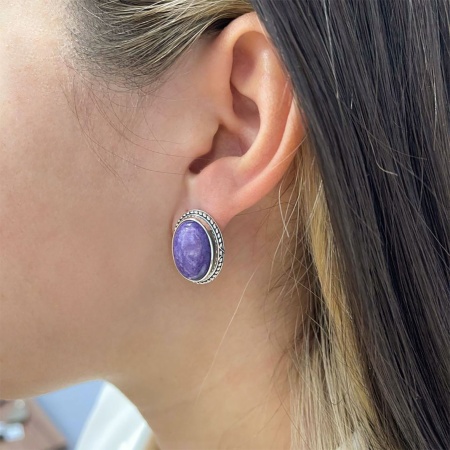 Серьги из серебра с чароитами 2310460969 от KRASNOE, металл Серебро, вставка Чароит