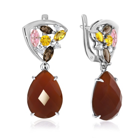 Серьги из серебра с агатами, ситаллами и фианитами