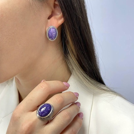 Серьги из серебра с чароитами 2310460969 от KRASNOE, металл Серебро, вставка Чароит