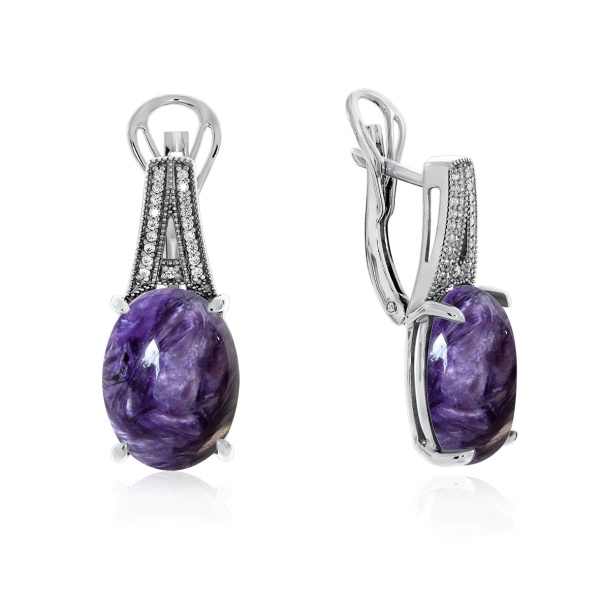 Серьги из серебра с чароитами и фианитами