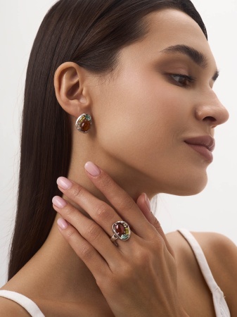 Серьги из серебра с ситаллами, янтарём и фианитами