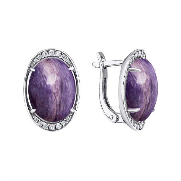 Серьги из серебра с чароитами и фианитами