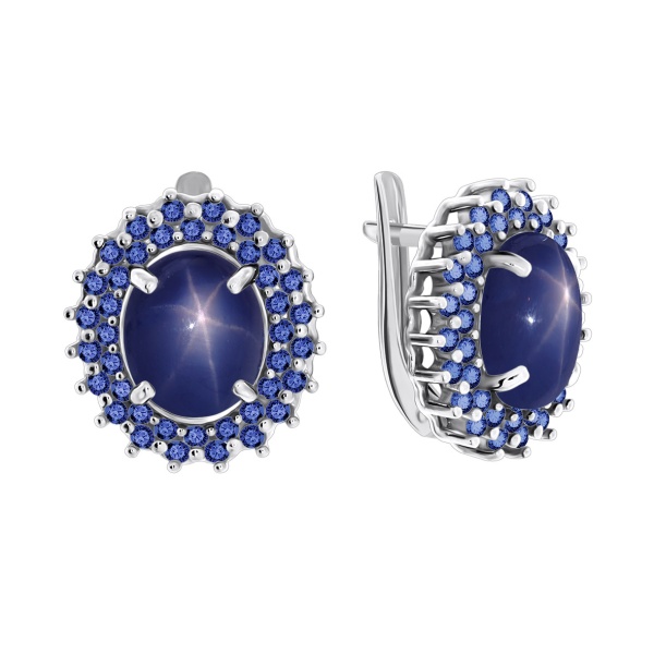 Серьги из серебра с сапфир звездчатыйами и ситаллами 2340940150-8-80 от KRASNOE, металл Серебро, вставка Сапфир Звездчатый