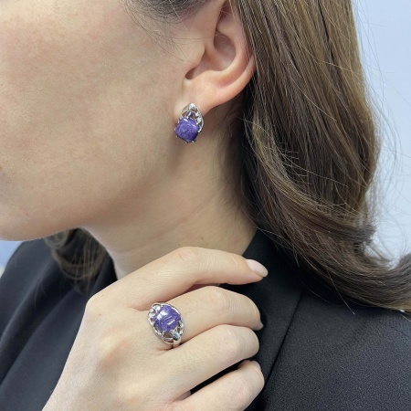 Серьги из серебра с чароитами и фианитами