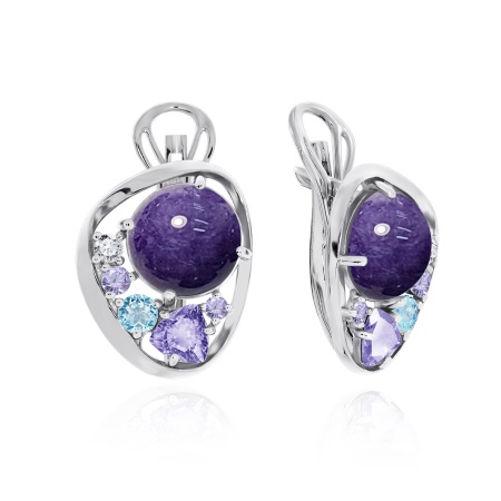 Серьги из серебра с ситаллами, чароитами и фианитами