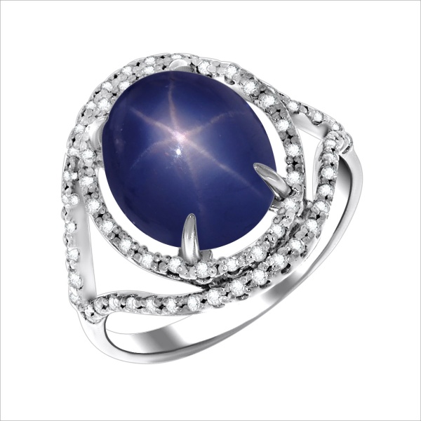 Кольцо из серебра с сапфир звездчатыйом и фианитами со скидкой