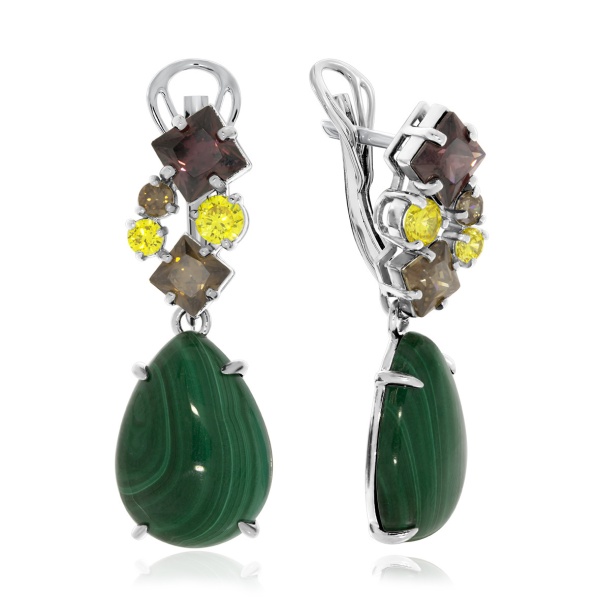 Серьги из серебра с малахитами и фианитами со скидкой Серьги из серебра с малахитами и фианитами со скидкой