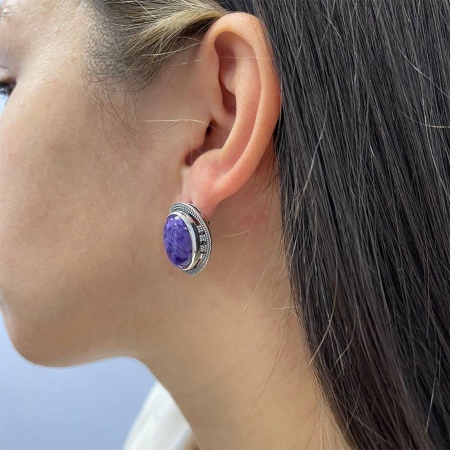 Серьги из серебра с чароитами 2310460981 от KRASNOE, металл Серебро, вставка Чароит