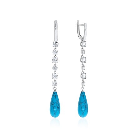 Серьги из серебра с бирюзой и фианитами 2340271512 от KRASNOE, металл Серебро, вставка Бирюза синт.